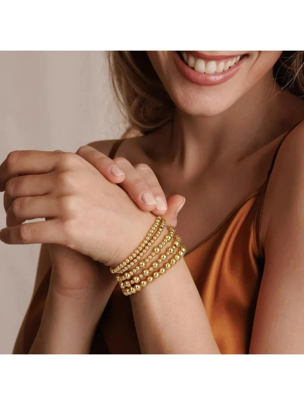 Waterproof Gold Beaded Bracelets for Women, Adjustable Stackable Jewelry Set